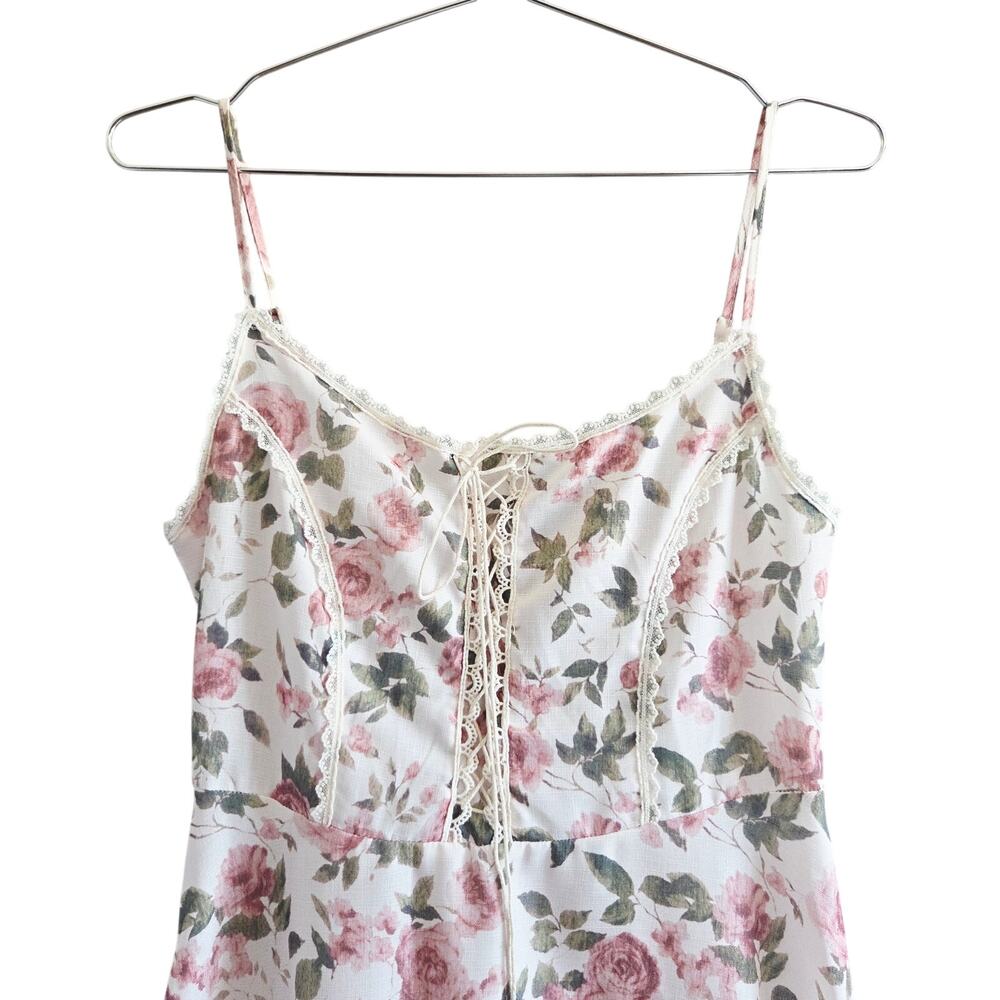 Cider Scoop Neckline Ditsy Floral Lace Trim Tiered Midi Dress Cream Medium - Picture 3 of 9